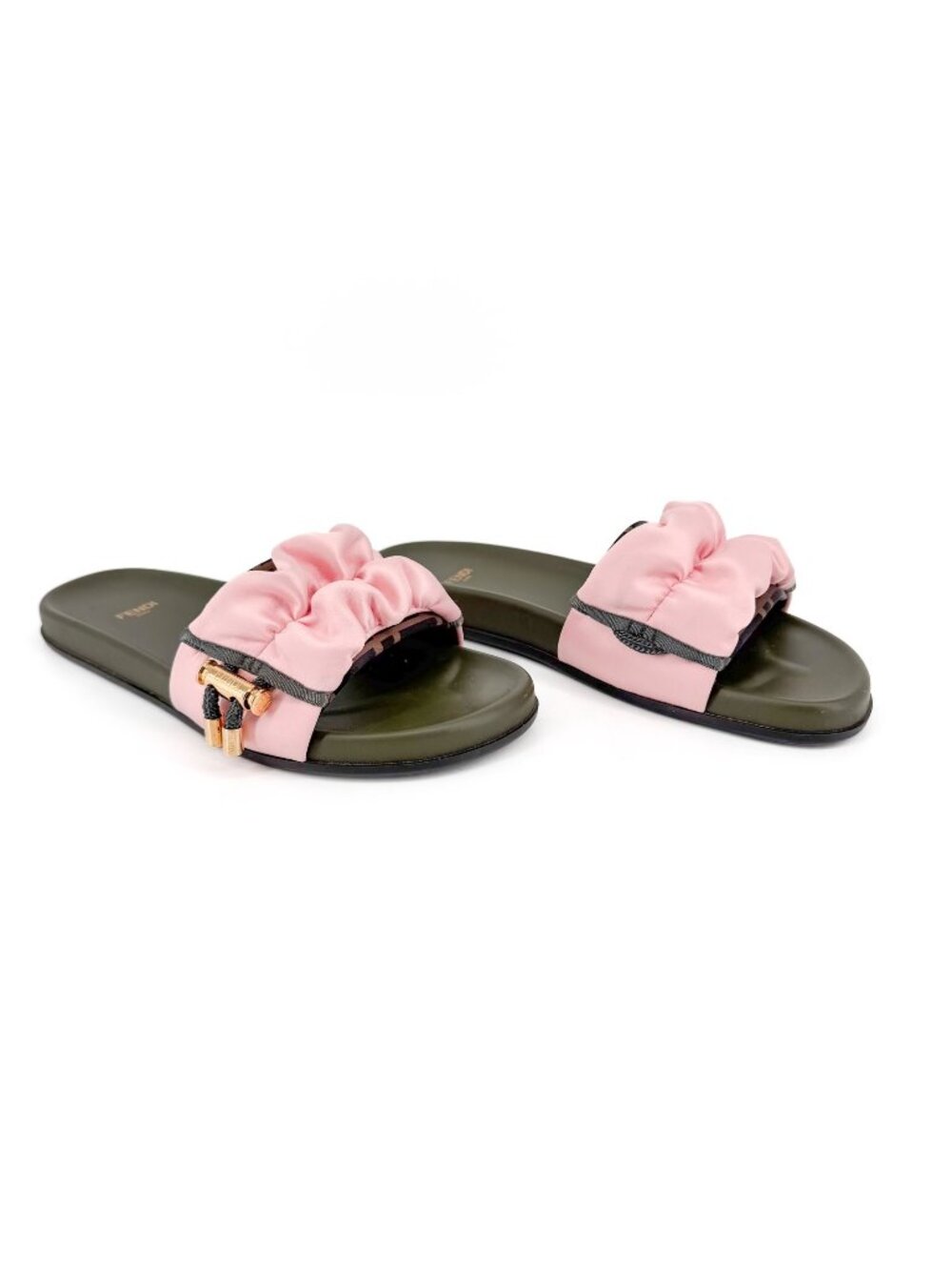 Fendi x Sarah Coleman Vertigo FF Slide Sandals Size 41 US 11 Pink Satin Green